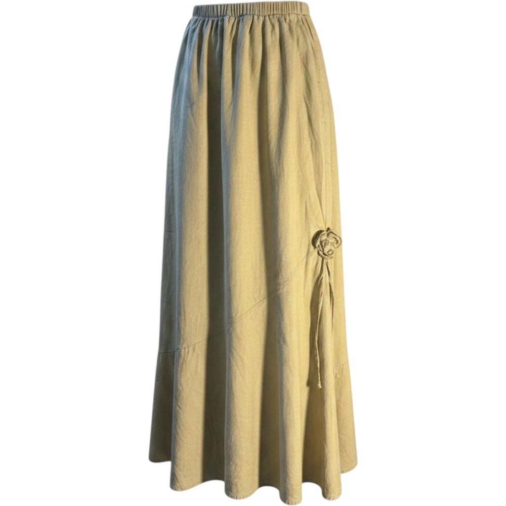 Newport News Linen Blend Maxi Skirt Khaki Rosette Accent Boho Cottagecore 12P